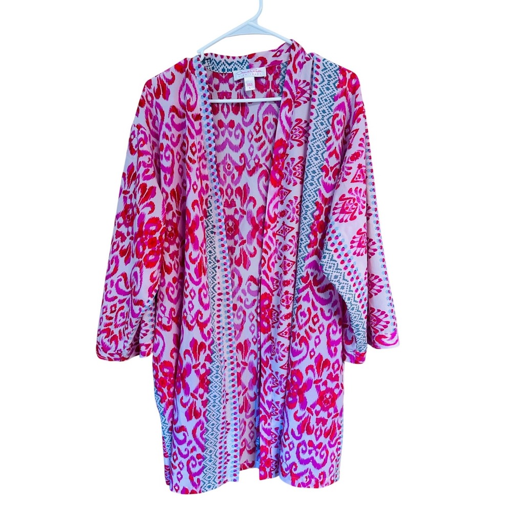 Oscar de la Renta Pink Label Ikat Damask Open Front Robe Pink  L Luxury Lounge